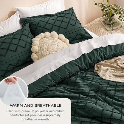 Bedsure Twin/Twin XL Comforter Set - Forest Green Boho Twin Extra Long Comforter Set for College, Shabby Chic Dorm Bedding Set, 2 Pieces Modern Farmhouse Bed Set, includes 1 Pillow Sham