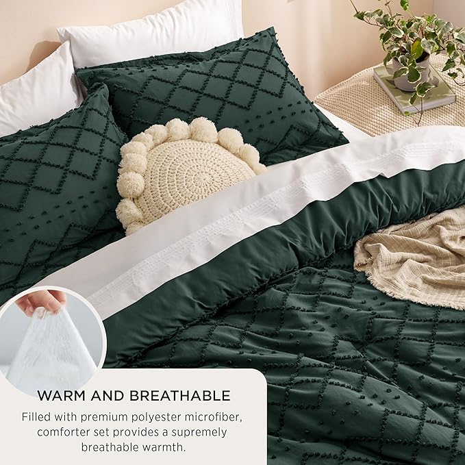 Bedsure Full Size Comforter Set - Dark Emerald Green Comforter, Forest Green Boho Tufted Shabby Chic Bedding Comforter Set, 3 Pieces Vintage Farmhouse Bed Set with 2 Pillow Shams for All Seasons