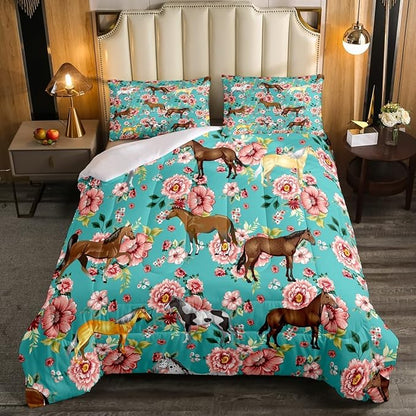 Kids Horse Bedding Set King Size Chic Retro Floral Bedding Comforter Set for Girls Teens Galloping Horse Printed Comforter 3D Wild Farm Animal Duvet Set Bedroom Decor Quilt Set 3Pcs, Green Pink