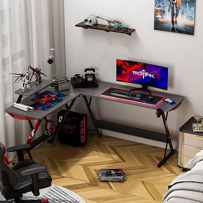 MOTPK L Shaped Gaming Desk 58 Inch, Gaming Computer Desk L Shape with Carbon Fiber Surface, Gamer Desk Gaming Table with Monitor Shelf, Cup Holder & Headphone Hook, Black