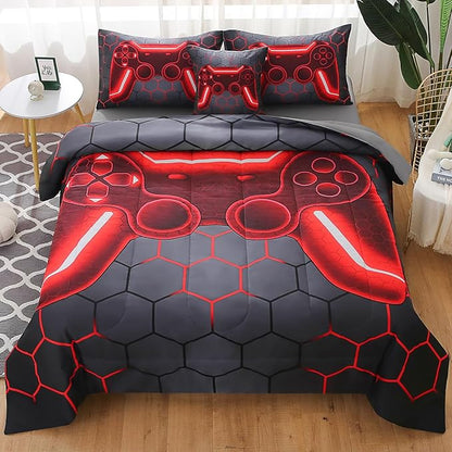 JQinHome Full Gamer Comforter Set for Boys Girls Kids,6 Piece Bed in A Bag 3D Video Game Bedding -All Season Soft Microfiber Down Alternative Comforter Gamer Bedding Sets with Sheets （Red）