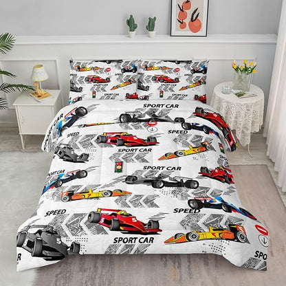 Axolotl Racing Car Comforter Set Queen Size,Extreme Sports Boys Bedding Set for Boys Teens Girls Car Racing Gifts,Race Cars Quilt Bed Set with 1 Comforter 2 Pillowcases,Multi Color
