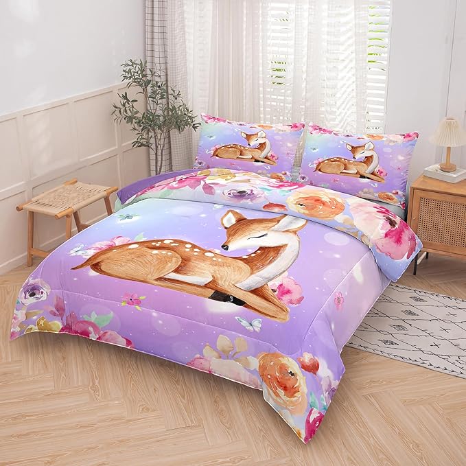NINENINE Deer Bedding Kawaii Deer Comforter Sets for Girls Kids,Cute Deer Bedding Queen Size Comforter sets for Girls,Watercolor Wildlife Bedding Set with 1 Comforter 2 Pillowcases…