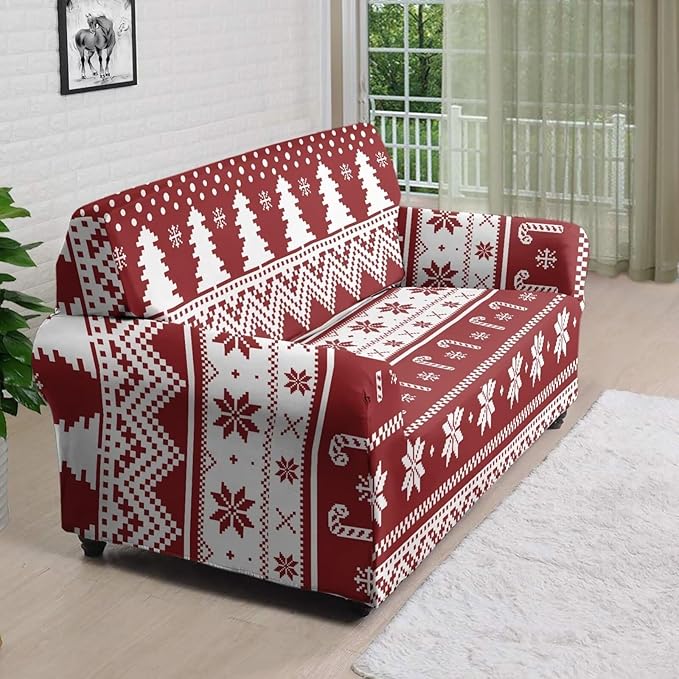 FKELYI Boho Christmas Easy Going Stretch Sofa Slipcover Washable Sofa Couch Cover Comfortable Furniture Protector with Elastic Bottom L