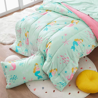 SLEEP ZONE Kids Bedding Comforter Set, Cute Pattern & Super Soft 2 Pieces Bedding Sets, All Season for Girls, 1 Comforter, 1 Pillowcase, Fade Resistant (Mermaid Princess, Twin)