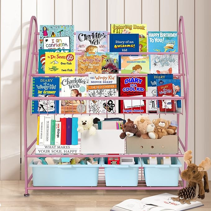 aboxoo Metal Kids Bookshelf Pink Bookcase Freestanding for Children Girls Room 32 inches Large Toddler Pink Stable Bookcase Bookstore Library Book Unit Storage