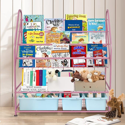 aboxoo Metal Kids Bookshelf Pink Bookcase Freestanding for Children Girls Room 32 inches Large Toddler Pink Stable Bookcase Bookstore Library Book Unit Storage