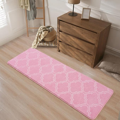 Chicrug Shag Geometric Modern Runner Rug for Bedroom, 2x6 Feet Memory Foam Indoor Hallway Runner Carpet, Fluffy Rug for Living Room Bedside Room Decor for Family, Pink/White