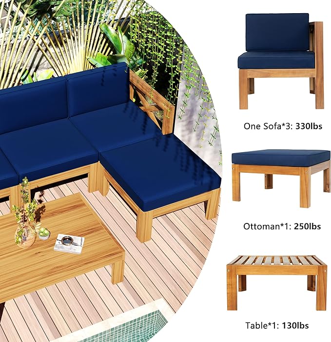 Merax 5 Pieces, Patio Furniture Sets, Solid Wood Sectional Sofa Seating Group with Soft Cushions, for Backyard and Garden, Blue
