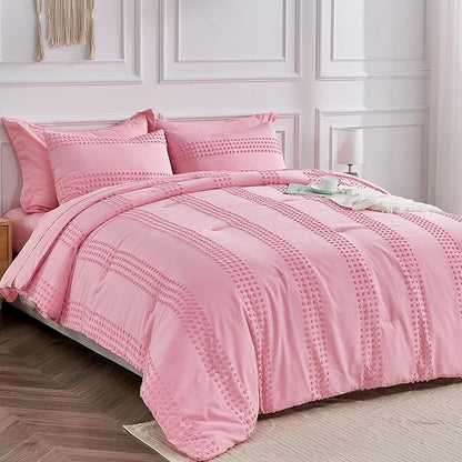 ENJOHOS Girls Twin Bedding Set Pink Twin XL Comforter, 3 PCS Boho Comforter with Tufted Dots, Shabby Chic Bedding Comforter for All Season, Lightweight Fluffy Microfiber Comforter with 2 Pillowcases