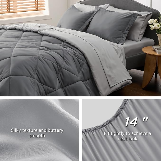 Bedsure Dark Grey California King Size Comforter Set - 7 Pieces Reversible California King Bed in a Bag, California King Dark Grey Bed Set with Comforters, Sheets, Pillowcases & Shams