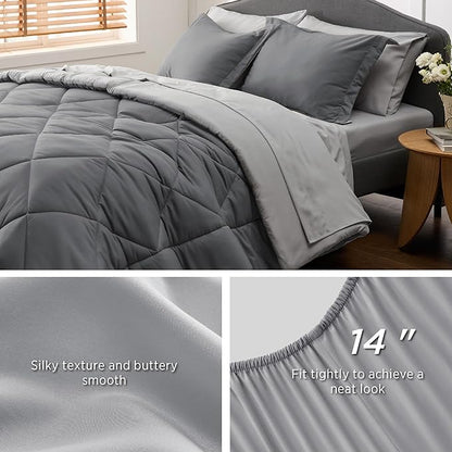 Bedsure Dark Grey Full Size Comforter Set - 7 Pieces Reversible Full Bed in a Bag, Full Bed Set Dark Grey with Comforters, Sheets, Pillowcases & Shams
