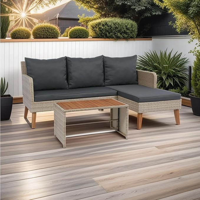 3-Piece Outdoor PE Rattan Furniture Set, Patio Wicker Conversation Loveseat Sofa Sectional Couch with Thick Cushion for Backyard, Deck, Poolside, Zn-Dark Grey