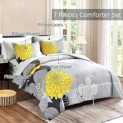 7 Pieces Bed in a Bag Yellow Floral Comforter Set Flowers Comforter Sets Soft Microfiber Bedding Set Queen Size (1 Comforter 1 Flat Sheet 1 Fitted Sheet 2 Pillowshams 2 Pillowcases)