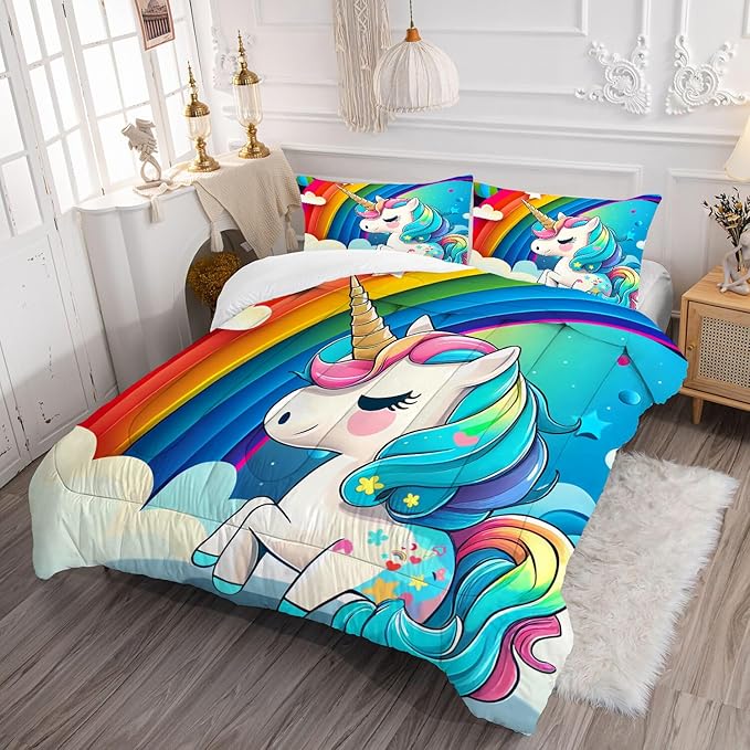 Unicorn Bedding Full Size Rainbow Comforter Set for Girls Kids Children Boys Teens Cartoon Unicorn Colorful Starry Blue Glitter Quilt 1 Comforter + 2 Pillow Cases