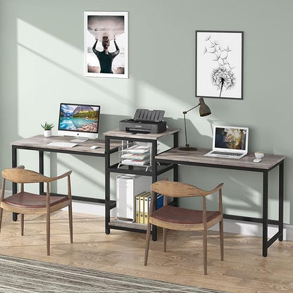 Tribesigns Extra Long Two Person Desk with Storage Shelves, 96.9 inch Double Computer Desks with Printer Shelf for 2 People, Rustic Writing Desk Workstation for Home Office
