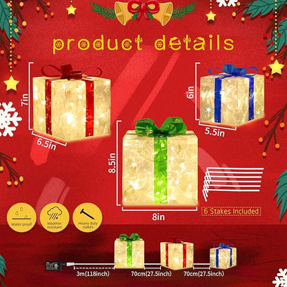 [Large 8.5"x7"x6" Christmas Set of 3 Lighted Gift Boxes Decorations Pre-lit 70 Super-Bright LED with Flashers,for Indoor Outdoor Christmas Tree Skirt Ornament Pathway Holiday Party Home