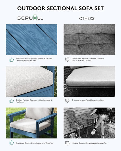 SERWALL HDPE Patio Coversation Set, 7-piece Outdoor Sectional Sofa Set, All Weather Patio Couch Set Patio Furniture for Balcony, Deck, Navy Frame with Khaki Cushion