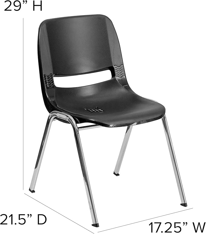 Flash Furniture HERCULES Series 661 lb. Capacity Black Ergonomic Shell Stack Chair with Chrome Frame and 16'' Seat Height