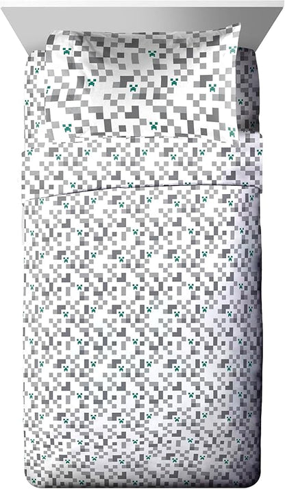 Minecraft Creeper Twin Comforter Set - 5 Piece Gamer Bedding includes Sheet Set & Pillow Covers - Super Soft Checkered Kids Bedding