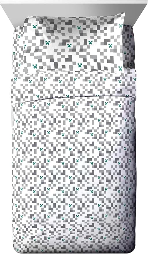 Minecraft Creeper Full Comforter Set - 7 Piece Gamer Bedding includes Sheet Set & Pillow Covers - Super Soft Checkered Kids Bedding