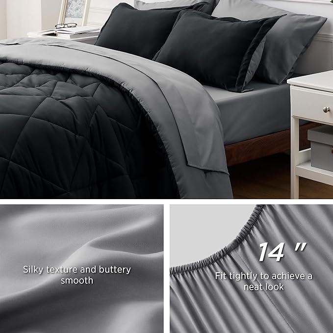Bedsure Black Comforter Set King - 7 Pieces Reversible Black Bed Set King, Black Bedding Set King with Comforters, Sheets, Pillowcases & Shams, King Size Black Bed in a Bag