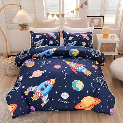 Aimuan Space Bedding Set Kid Rocket Comforter Set Full Size Super Soft & Cute Aliens UFO Printed Quilt Set for Teen Boys Girls (Navy, Full)