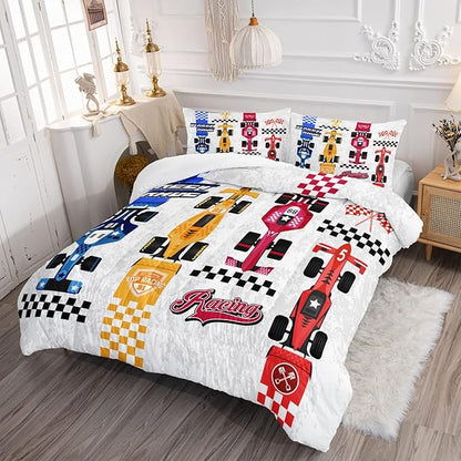 Axolotl Racing Car Comforter Set Queen Size,Colorful Sports Car Bedding Set for Kids Boys Teen Adult,Extreme Speed Race Bedding Sets Car Theme Bedroom Decor with 1 Comforter and 2 Pillowcases