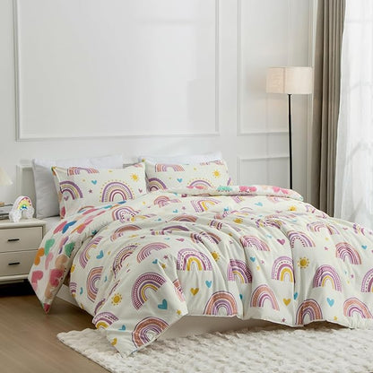 Btargot Lightweight Soft 3 Piece Rainbow Comforter Set with 2 Pillow Covers, Cartoon Love Hearts Suns and Stars Bedding Set for Girls Boys Kids, Twin Purple