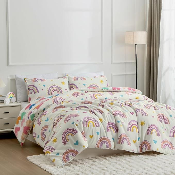 Btargot Lightweight Soft 3 Piece Rainbow Comforter Set with 2 Pillow Covers, Cartoon Love Hearts Suns and Stars Bedding Set for Girls Boys Kids, Queen Purple