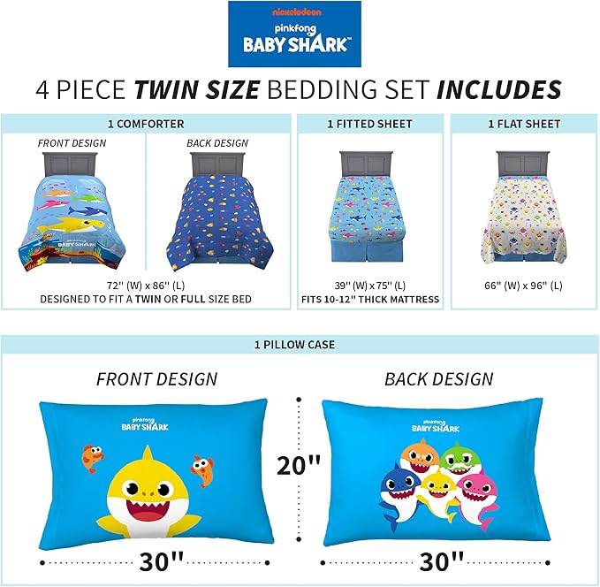 Franco Kids Bedding Super Soft Comforter and Sheet Set, 4 Piece Twin Size, Baby Shark