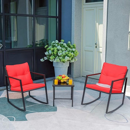 Greesum 3 Pieces Rocking Wicker Bistro Set, Patio Outdoor Furniture Conversation Sets with Porch Chairs and Glass Coffee Table, Red