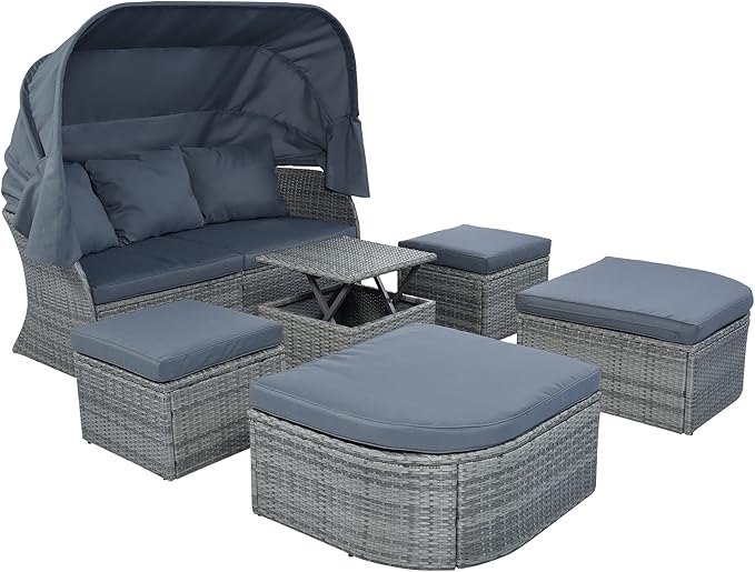 Rectangle Furniture Daybed Sunbed with Retractable Canopy, Outdoor Wicker Conversation Set with Cushions for Patio, Backyard, Porch, Garden, Onesize, Hb-Gray