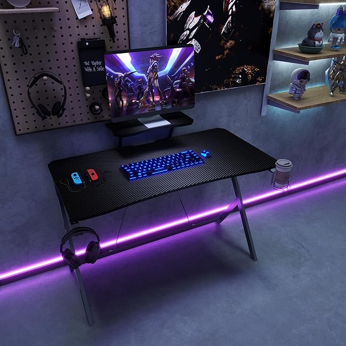 45IN Gaming Desk Gamer Table Carbon Fiber Surface Computer Table Gamer Desk with Monitor Shelf Office Home Study Desk Work PC Table Steel Legs Corner Desk Black