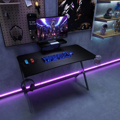 45IN Gaming Desk Gamer Table Carbon Fiber Surface Computer Table Gamer Desk with Monitor Shelf Office Home Study Desk Work PC Table Steel Legs Corner Desk Black