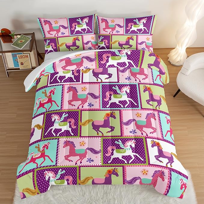 HOSIMA 3Pcs Kawaii Kids Horse Comforter Set with 2 Pillowcases,Colorful Dots Style Comforter for Adults Teens Princess Toddler Bedding Set,Horse Pony King Size Comforter Set.