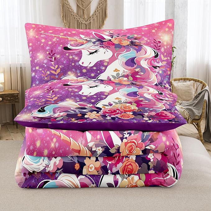 Tailor Shop Unicorn Kids Bedding Set for Girls Pink Purple Flower Unicorn Comforter Set King Galaxy Bedding Sets All Season with 2 Pillowcase……