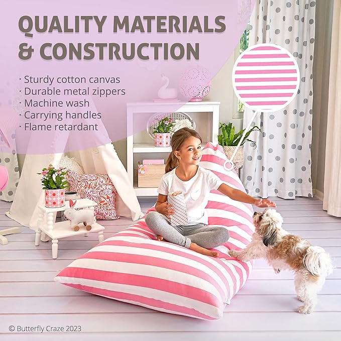 Butterfly Craze Bean Bag Chair Cover, Functional Toddler Toy Organizer, Fill with Stuffed Animals to Create a Jumbo, Comfy Floor Lounger for Boys or Girls, Stuffing Not Included, Light Pink Stripes
