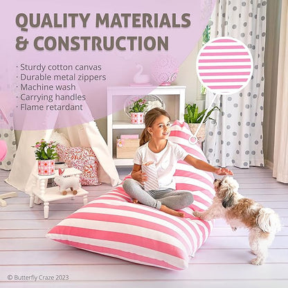 Butterfly Craze Bean Bag Chair Cover, Functional Toddler Toy Organizer, Fill with Stuffed Animals to Create a Jumbo, Comfy Floor Lounger for Boys or Girls, Stuffing Not Included, Light Pink Stripes