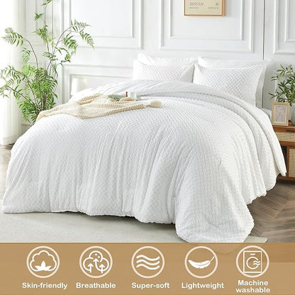 Twin Size Kids Comforter Set 6 Piece White Tufted Bedding Set for Boys Girls Jacquard Tufts Embroidery Bed in A Bag Quilt with 1 Comforter, 1 Flat Sheet, 1 Fitted Sheet, 1 Pillowcase and 2 Pillow Sham