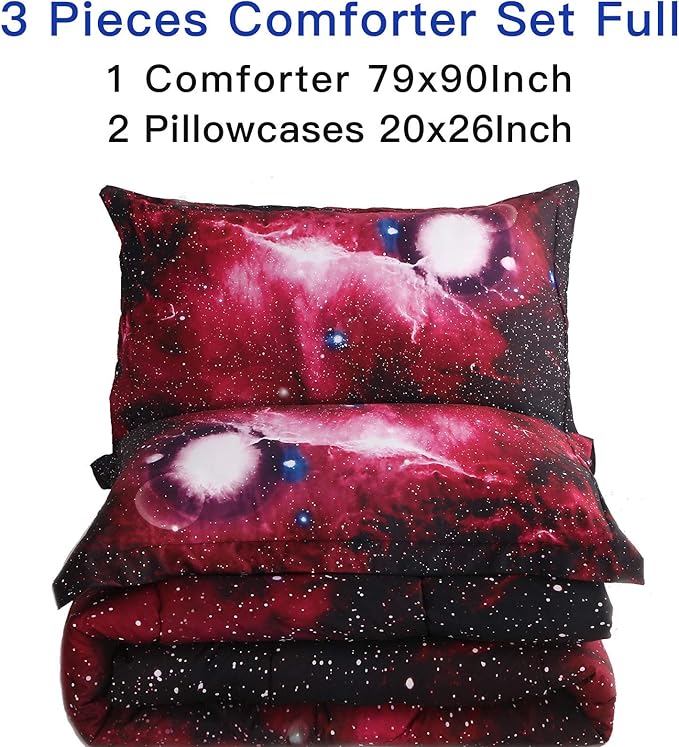 Litanika 3D Galaxy Comforter Full(79x90lnch), 3 Pieces(1 Galaxy Comforter, 2 Pillowcases), Universe Outer Space Bedding Set, Microfiber Comforter Set for Kid Boy Girl Teen