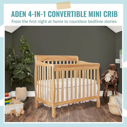Aden 4-in-1 Convertible Mini Crib In Natural, Greenguard Gold Certified, Non-Toxic Finish, New Zealand Pinewood, With 3 Mattress Height Settings