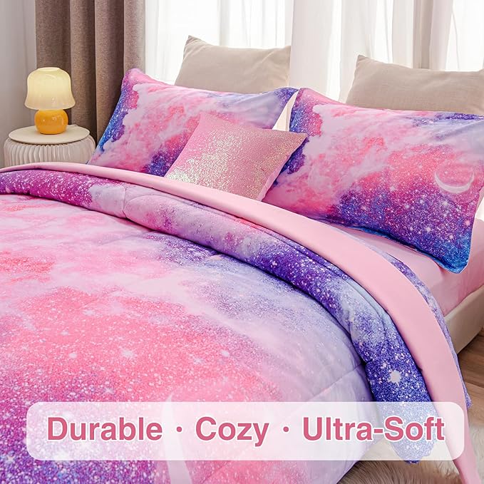 A Nice Night Galaxy Bedding Sets Outer Space Comforter 3D Printed Space Quilt Set Queen 6Pcs Glitter Pink,for Children Boy Girl Teen Kids