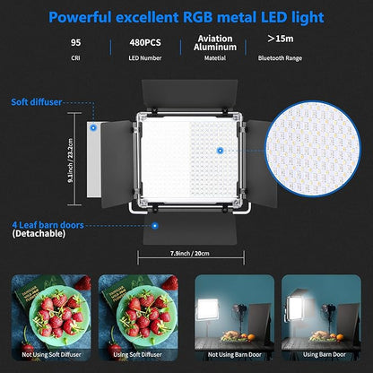 NEEWER 2 Packs 480 RGB Led Light with APP Control, Photography Video Lighting Kit with Stands and Bag, 480 SMD LEDs CRI95/3200K-5600K/Brightness 0-100%/0-360 Adjustable Colors/9 Applicable Scenes