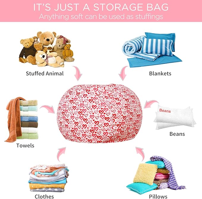 Aubliss Stuffed Animal Bean Bag Storage Chair, Beanbag Covers Only for Organizing Plush Toys, Turns into Bean Bag Seat for Kids When Filled, Large 38"-Canvas Pattern Heart
