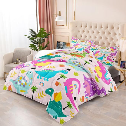 Dinosaur Bedding Full Size, Cute Girls Bedding Dinosaur Comforter Set for Girls Soft Breathable Cartoon Dino Quilt Kids Bedding Set for All Season, 1 Comforter 2 Pillowcase