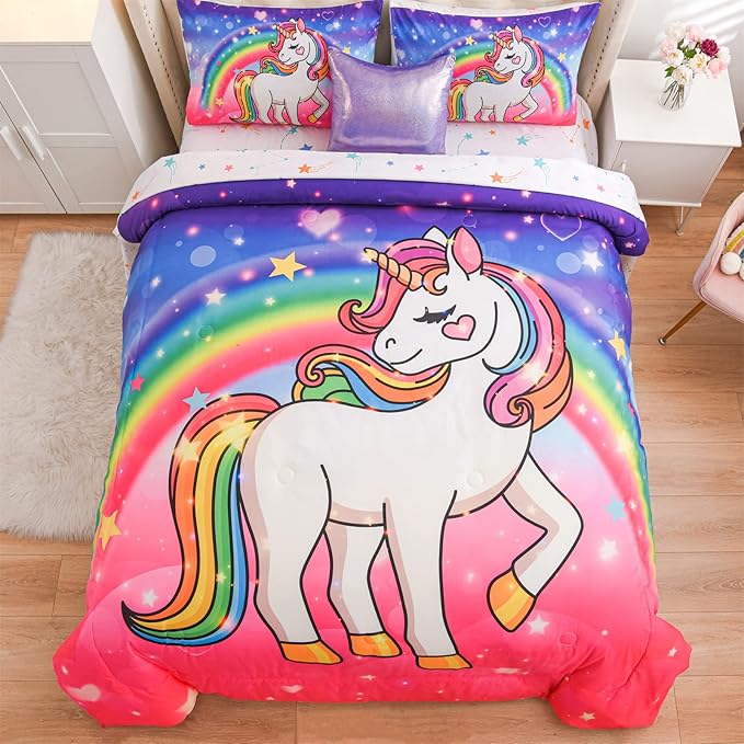 Aimuan Girls Unicorn Comforter Set 6 Pieces Pink Purple Bedding Set with Rainbow Star Galaxy Stars Fantasy Children Room Decor Soft Reversible Bed Sets for Boys/Girls/Teens (Pink-purple Full6Pcs)