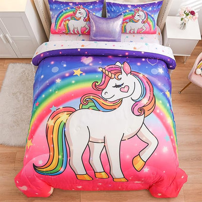 Aimuan Girls Unicorn Comforter Set 6 Pieces Pink Purple Bedding Set with Rainbow Star Galaxy Stars Fantasy Children Room Decor Soft Reversible Bed Sets for Boys/Girls/Teens (Pink-purple Twin6Pcs)