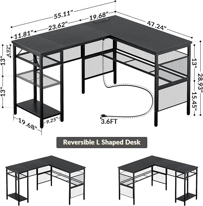 Unikito L Shaped Desk with USB Charging Port and Power Outlet, Reversible Corner Computer Desk with Storage Shelves, Industrial 2 Person Long Gaming Table Modern Home Office Desk, Black