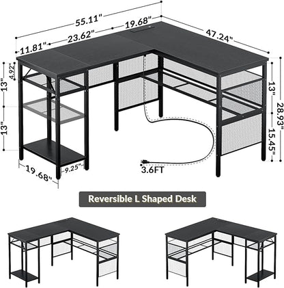 Unikito L Shaped Desk with USB Charging Port and Power Outlet, Reversible Corner Computer Desk with Storage Shelves, Industrial 2 Person Long Gaming Table Modern Home Office Desk, Black